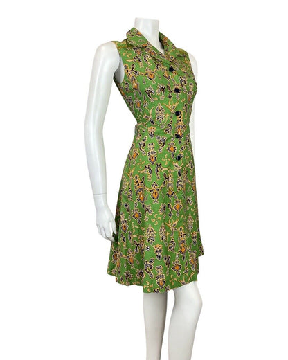 VINTAGE 60s 70s GREEN BLACK GOLD ABSTRACT FLORAL MOD DAGGER SHIRT DRESS 8 10