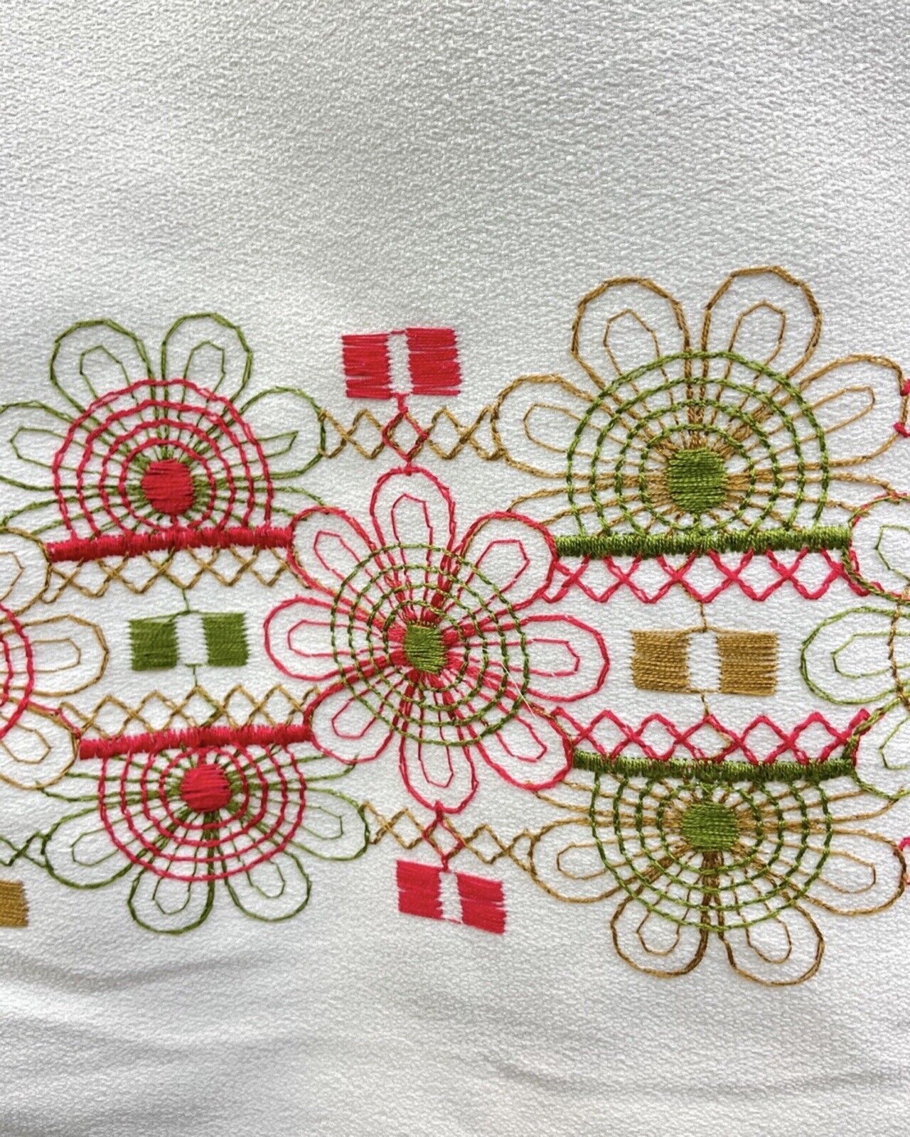 VINTAGE 60s 70s WHITE RED GREEN EMBROIDERED FLORAL PUFF SLEEVE MOD DRESS 8 10