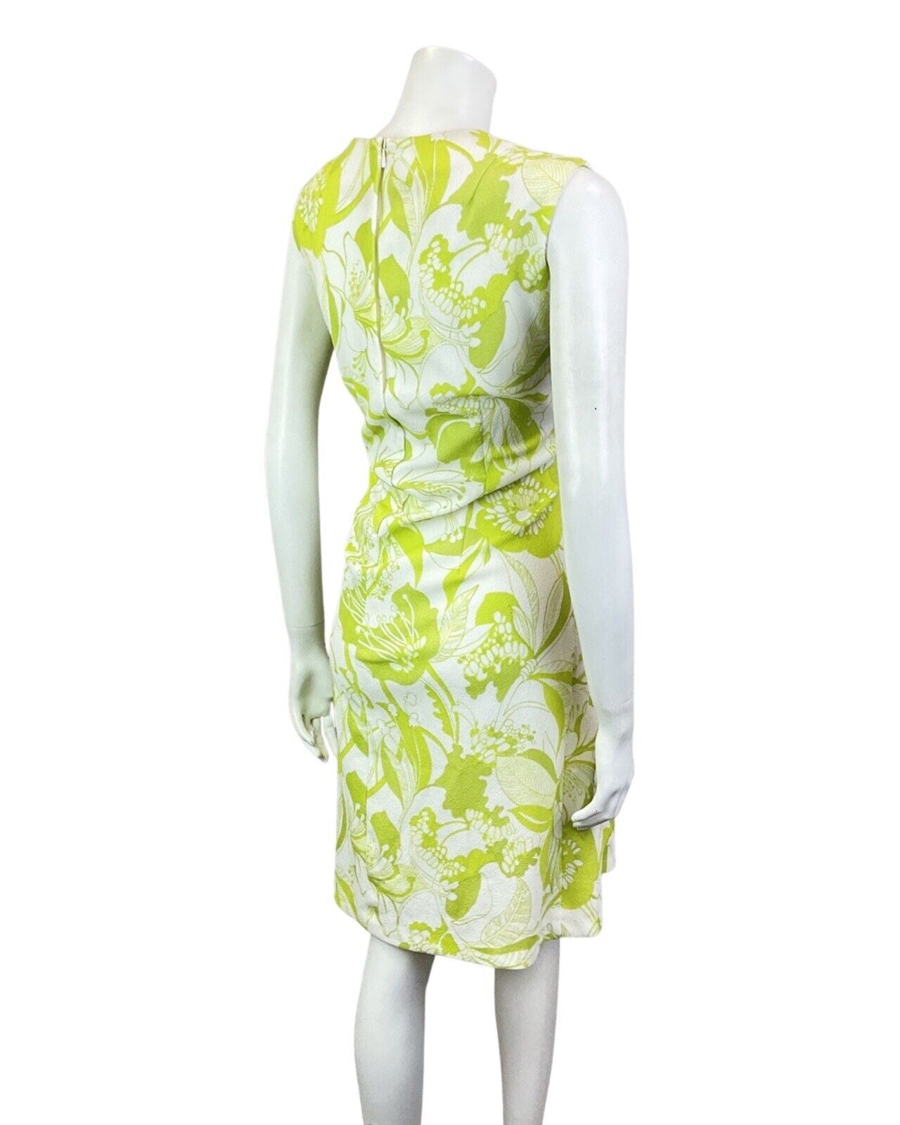 VINTAGE 60s 70s LIME GREEN WHITE FLORAL LEAFY SLEEVELESS SUMMER DRESS 14 16