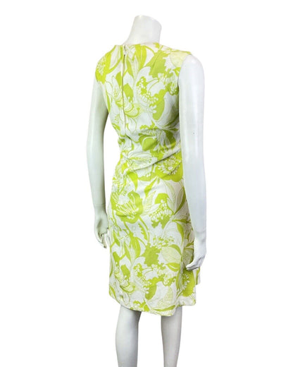 VINTAGE 60s 70s LIME GREEN WHITE FLORAL LEAFY SLEEVELESS SUMMER DRESS 14 16