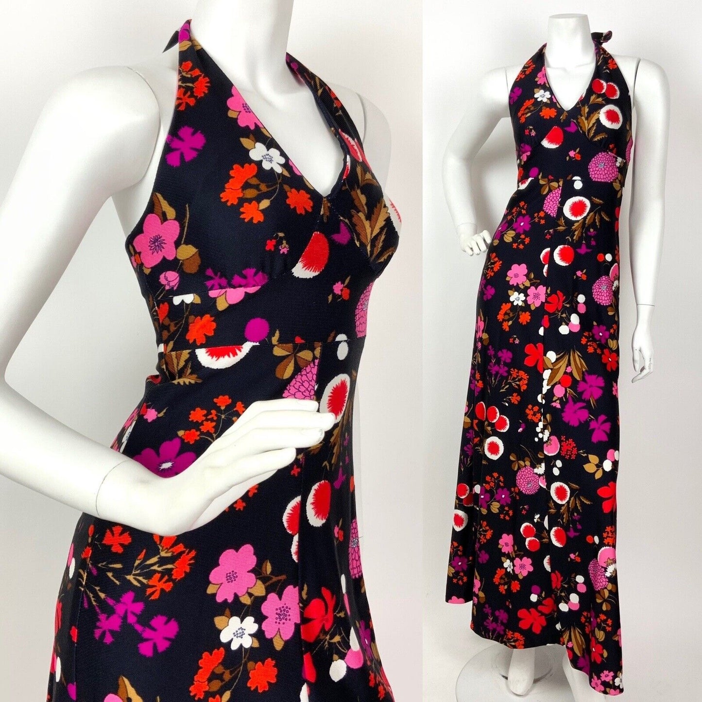 VTG 60s 70s PSYCHEDELIC BLUE RED PINK BROWN FLORAL HALTER MAXI SUMMER DRESS 8