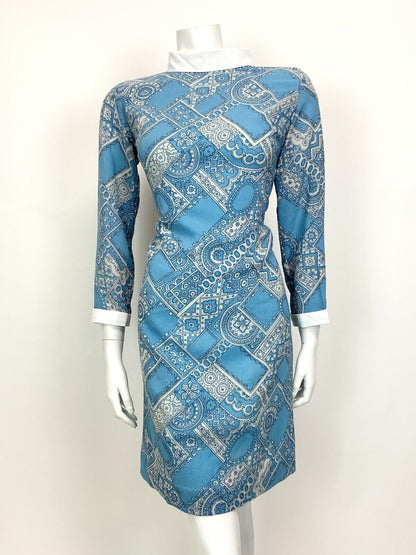 VTG 60s 70s BLUE WHITE PSYCHEDELIC MANDALA MOROCCAN TILED MOD SHORT DRESS 12 14