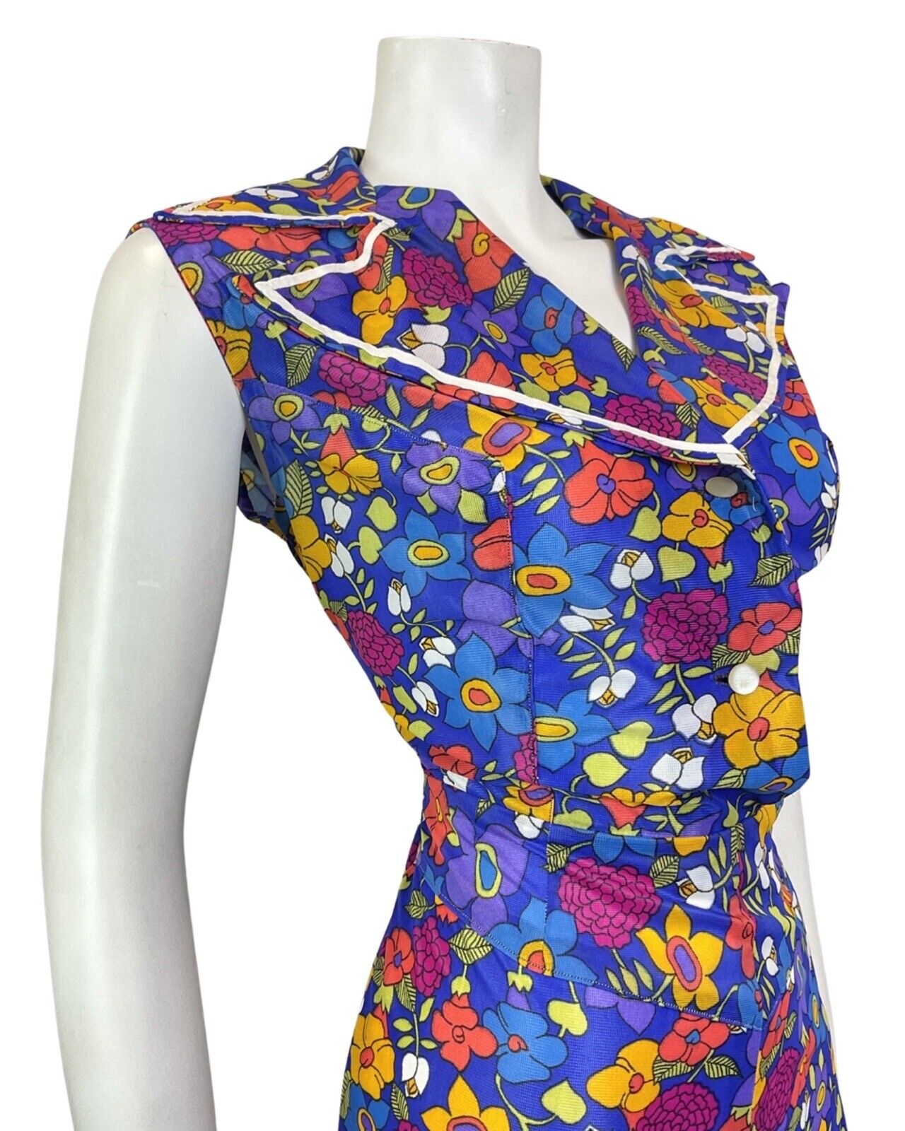 VINTAGE 60s 70s BLUE PURPLE YELLOW FLORAL MOD SLEEVELESS SHIRT DRESS 14 16