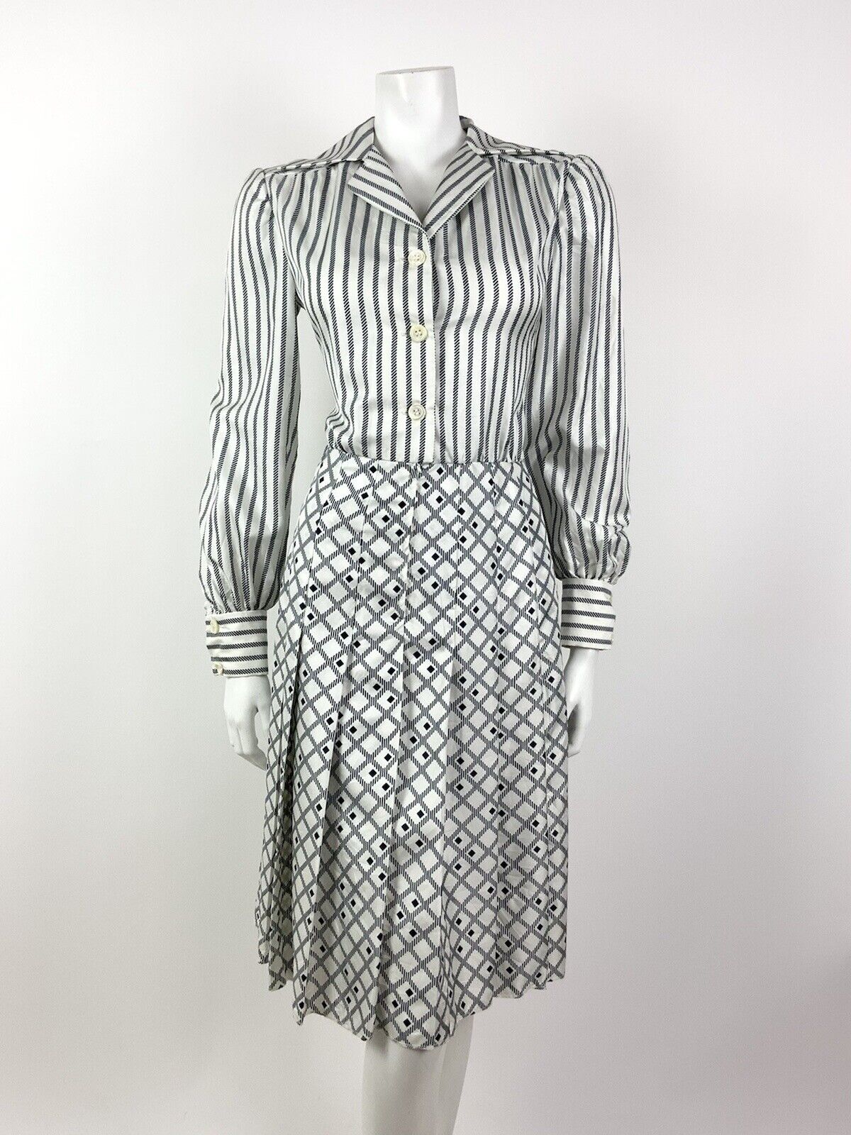 VINTAGE 60s 70s WHITE BLUE NAUTICAL STRIPED CHECKED DAGGER COLLAR SHIRT DRESS 10