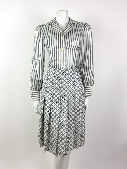 VINTAGE 60s 70s WHITE BLUE NAUTICAL STRIPED CHECKED DAGGER COLLAR SHIRT DRESS 10