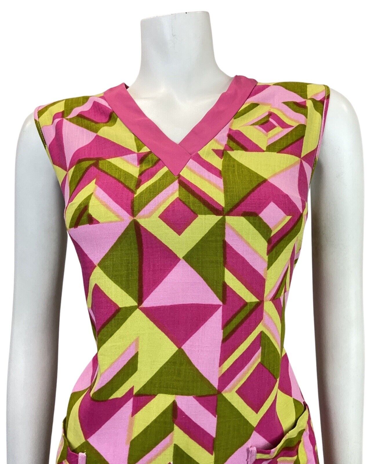 VINTAGE 60s 70s PINK YELLOW GOLD GEOMETRIC SLEEVELESS A-LINE SHIFT DRESS 12