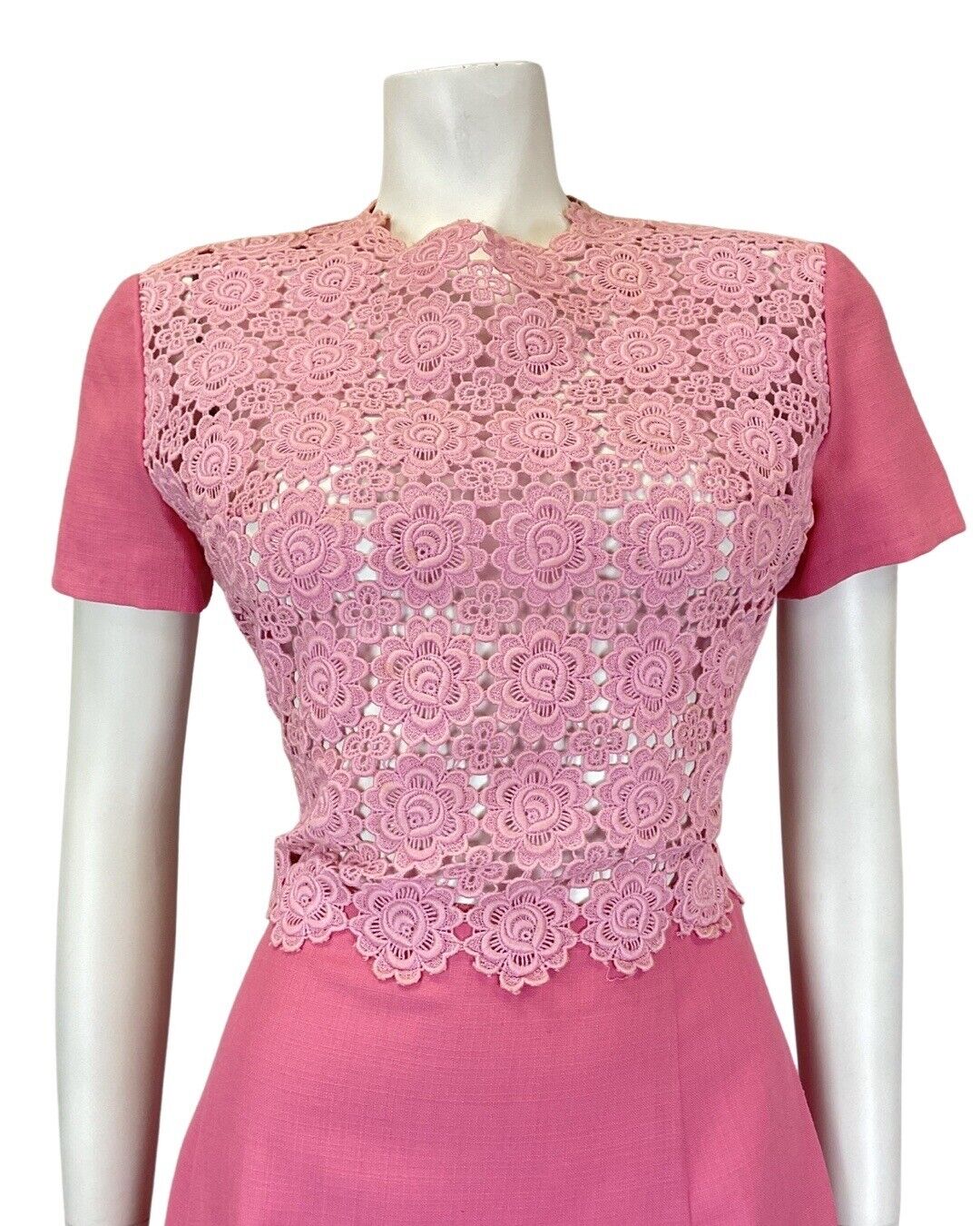 VINTAGE 60s 70s ROSE PINK EMBROIDERED FLORAL LACE SHORT-SLEEVE DRESS 10 12