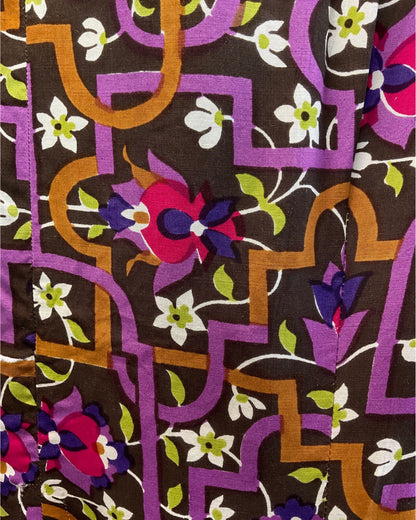 VINTAGE 60s 70s BROWN PURPLE WHITE GEOMETRIC FLORAL SHIRT DRESS 16 18