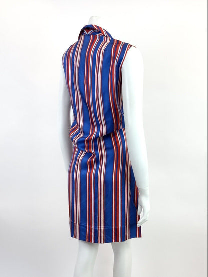 VTG 60s 70s ROYAL BLUE RED WHITE STRIPED WING COLLAR MOD SHIRT SHIFT DRESS 12 14