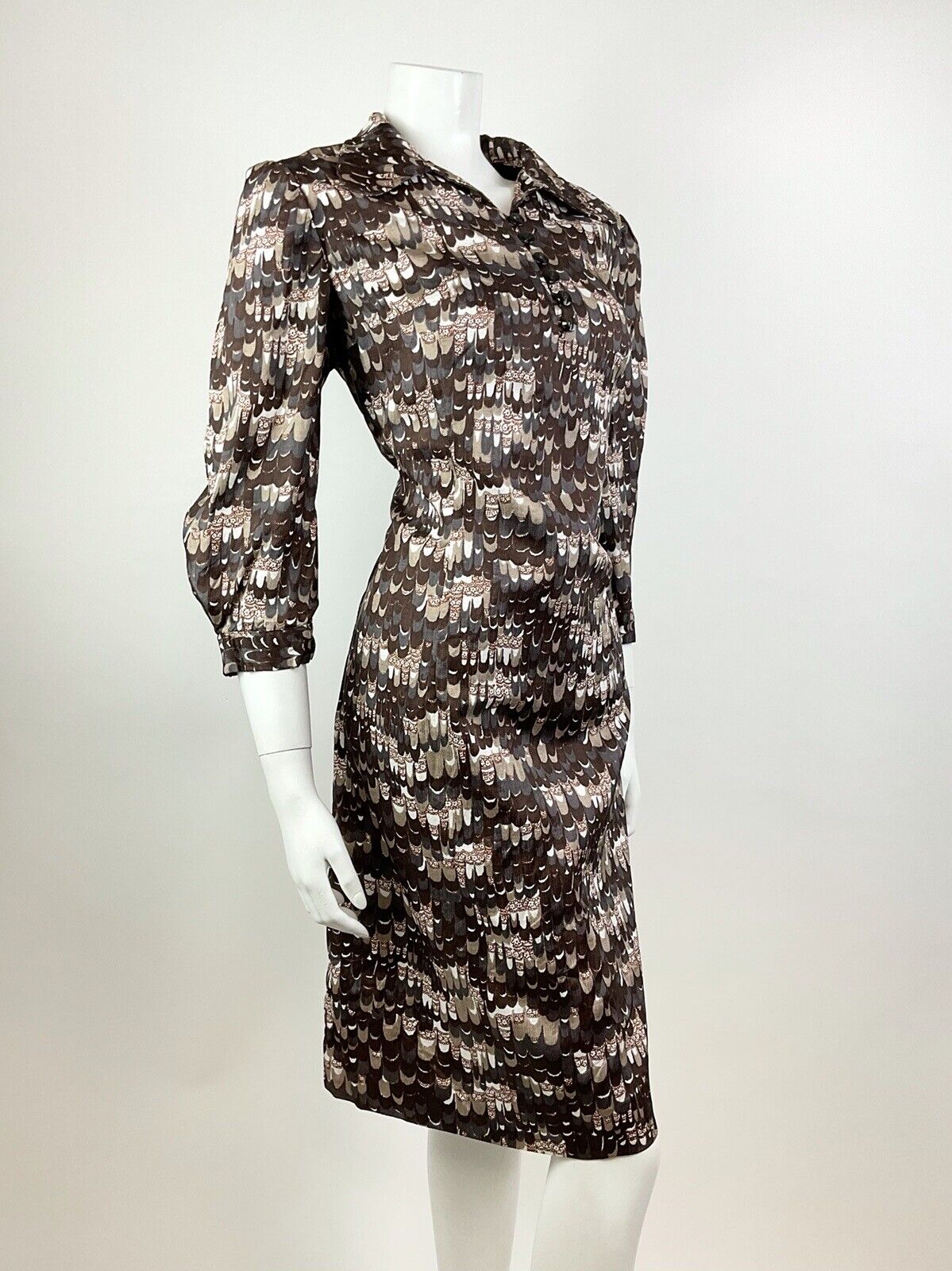VTG 60s 70s BROWN WHITE SILVER PSYCHEDELIC SCALES SPOON COLLAR SHIRT DRESS 14 16