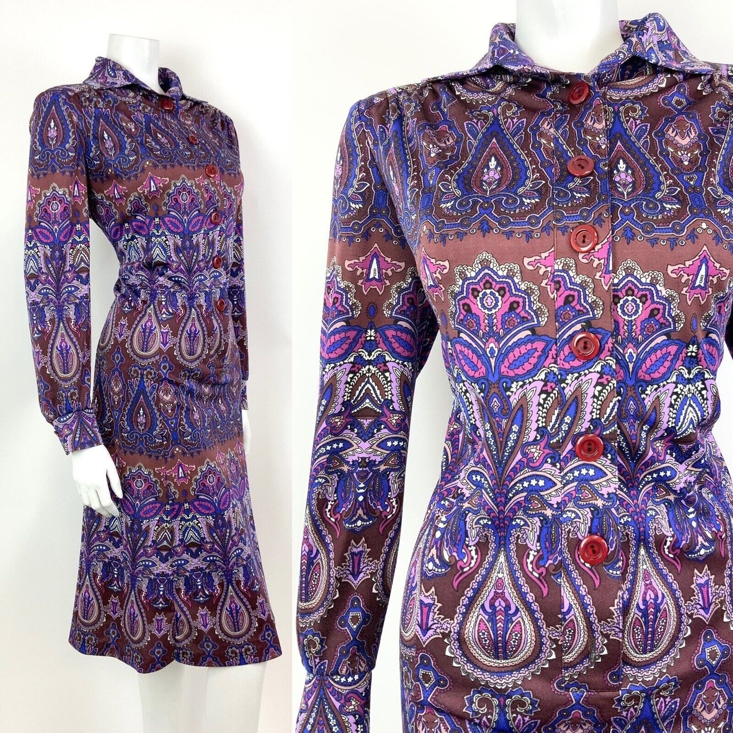 VTG 60s 70s PURPLE BROWN BLUE PSYCHEDELIC FLORAL DAGGER SHIRT DRESS 16 18
