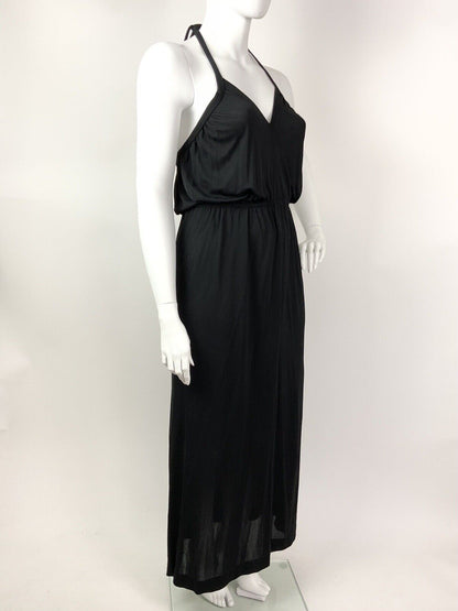 VINTAGE 60s 70s JET BLACK GRECIAN STRAPPY HALTER MAXI SUN DRESS 16 18