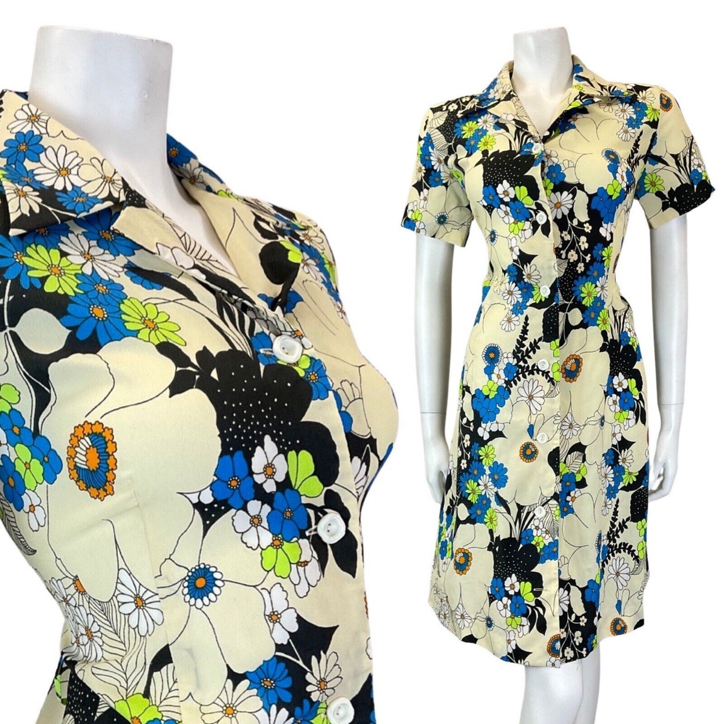 VINTAGE 60s 70s CREAM BLUE BLACK PSYCHEDELIC FLOWER MOD SHIRT DRESS 10 12