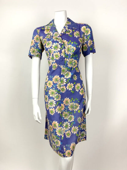 VINTAGE 60s 70s PURPLE PEACH BLUE YELLOW FLORAL DAGGER COLLAR SHIRT DRESS 12 14