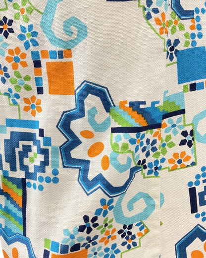 VINTAGE 60s 70s WHITE BLUE ORANGE GEOMETRIC FLORAL MOD SUMMER SUN DRESS 8 10