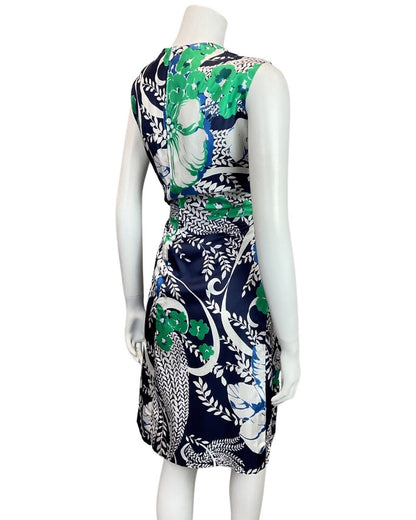 VINTAGE 60s 70s BLUE GREEN WHITE FLORAL VINE LEAFY SLEEVELESS DRESS 12