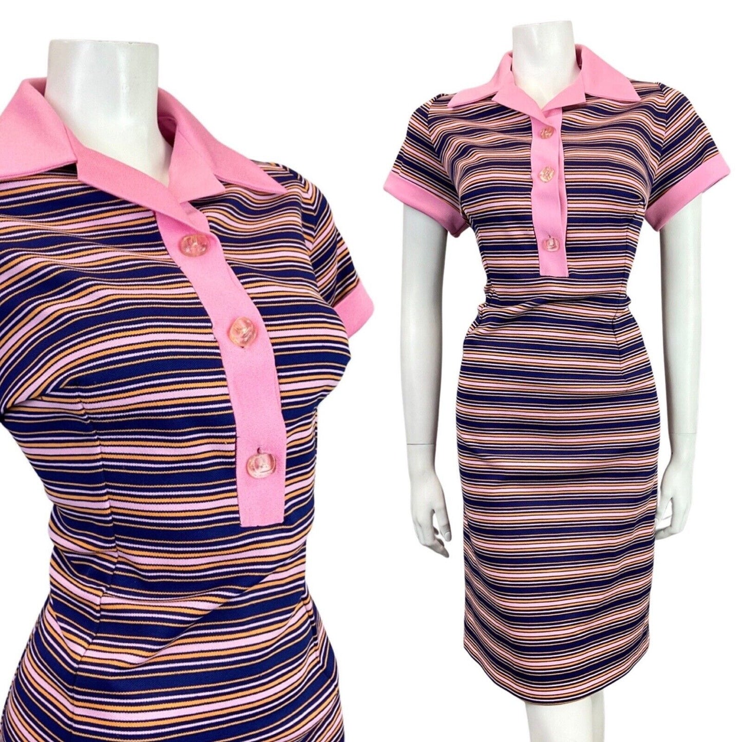 VINTAGE 60s 70s NAVY BLUE BABY PINK STRIPED MOD SHIRT DRESS 12 14