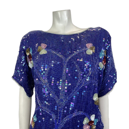 VINTAGE 60s 70s BLUE WHITE PINK GOLD SEQUIN BEADED FLORAL TREE DISCO TOP 14 16