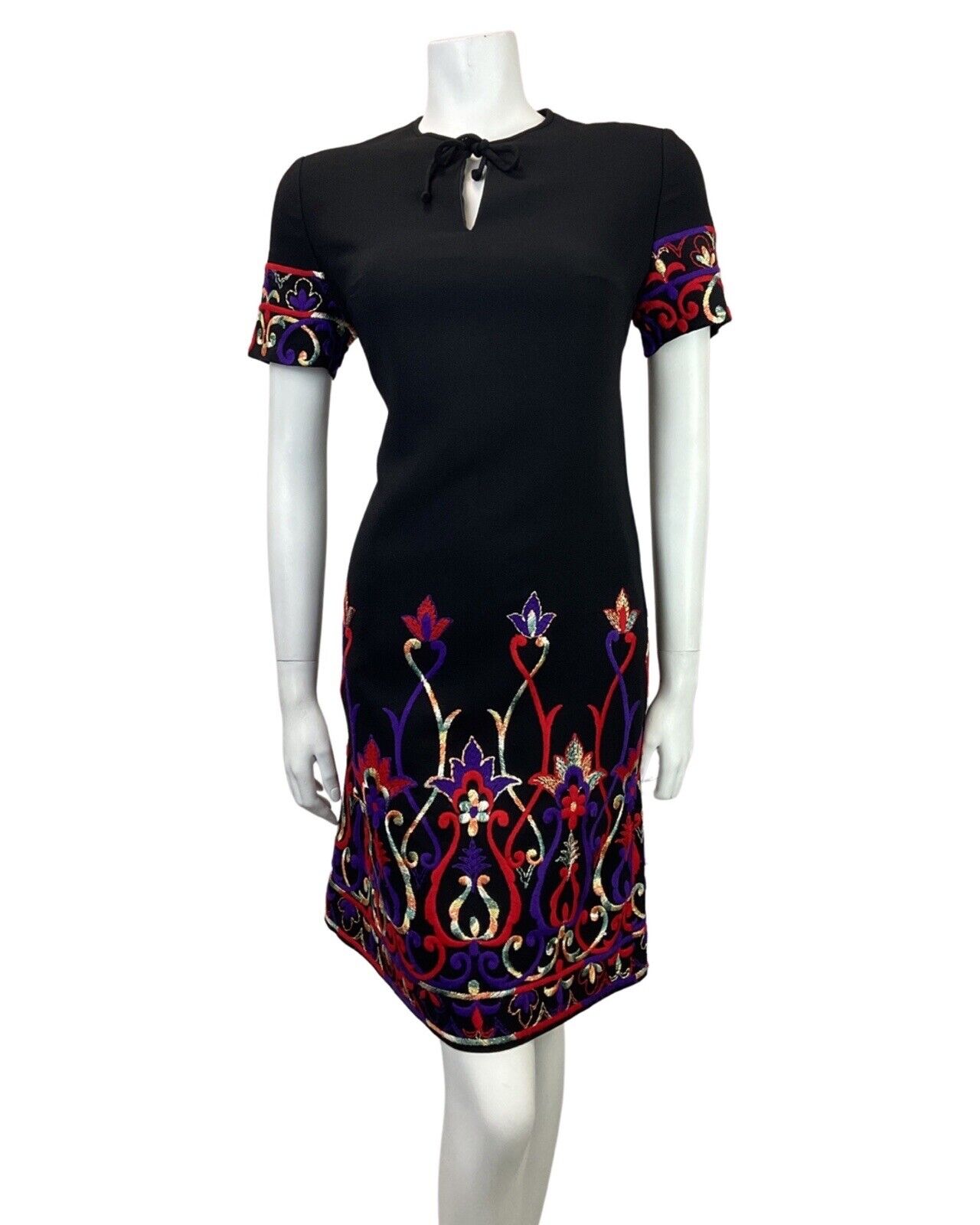 VINTAGE 60s 70s BLACK RED PURPLE GOLD EMBROIDERED FLORAL SWIRL MOD DRESS 12 14