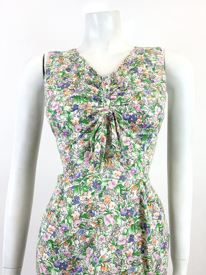 VTG 60s 70s GREEN PINK BLUE FLORAL GARDEN DITSY SLEEVELESS SUMMER DRESS 10 12