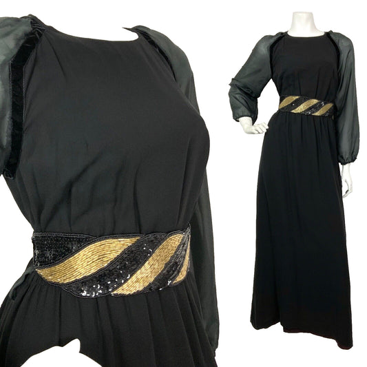 VINTAGE 60s 70s BLACK SHEER PUFF SLEEVE PARTY MAXI DRESS 8 10