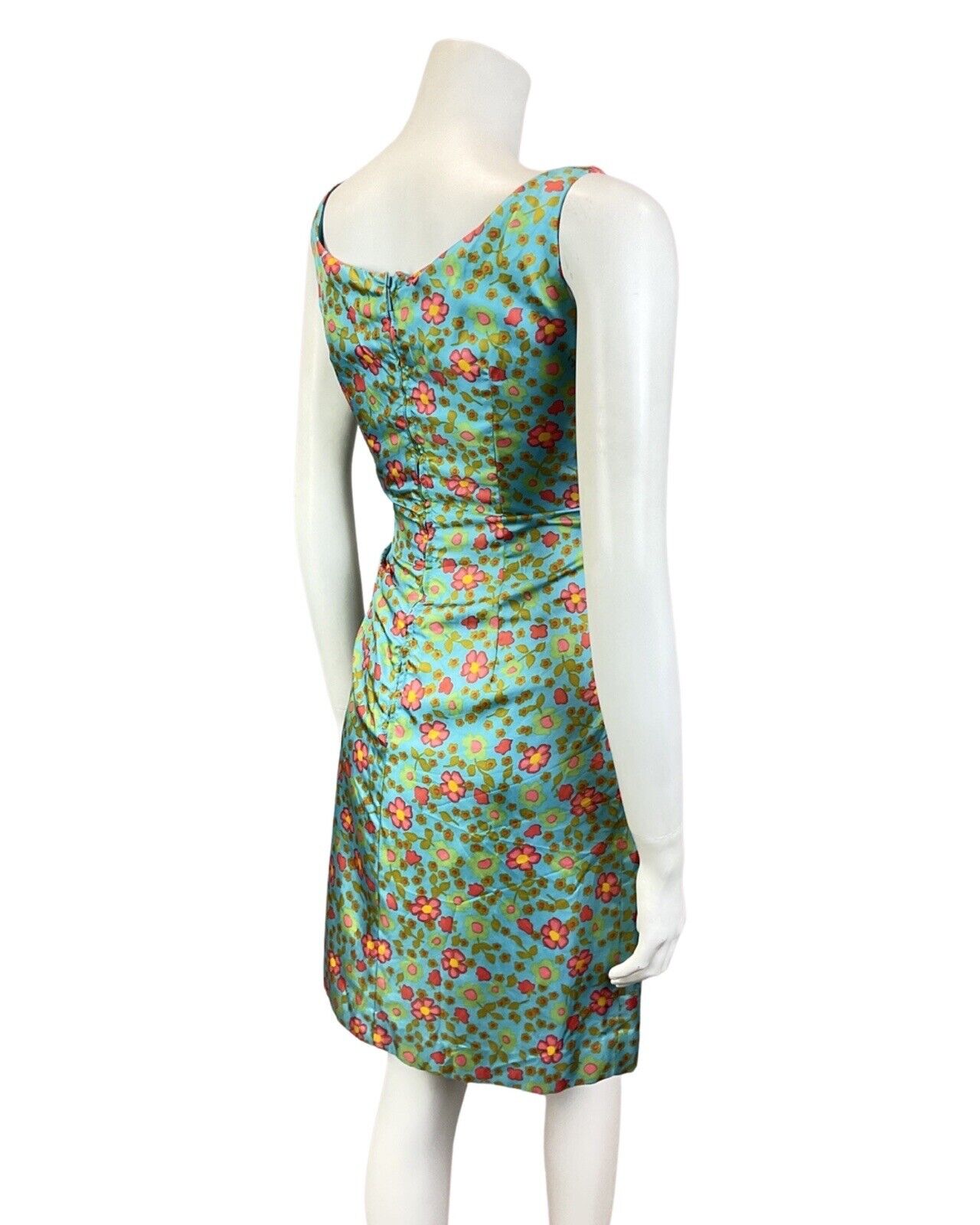 VINTAGE 60s 70s BLUE GREEN GOLD RED FLORAL DAISY EMPIRE-LINE SUMMER SUN DRESS 8