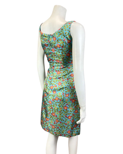 VINTAGE 60s 70s BLUE GREEN GOLD RED FLORAL DAISY EMPIRE-LINE SUMMER SUN DRESS 8
