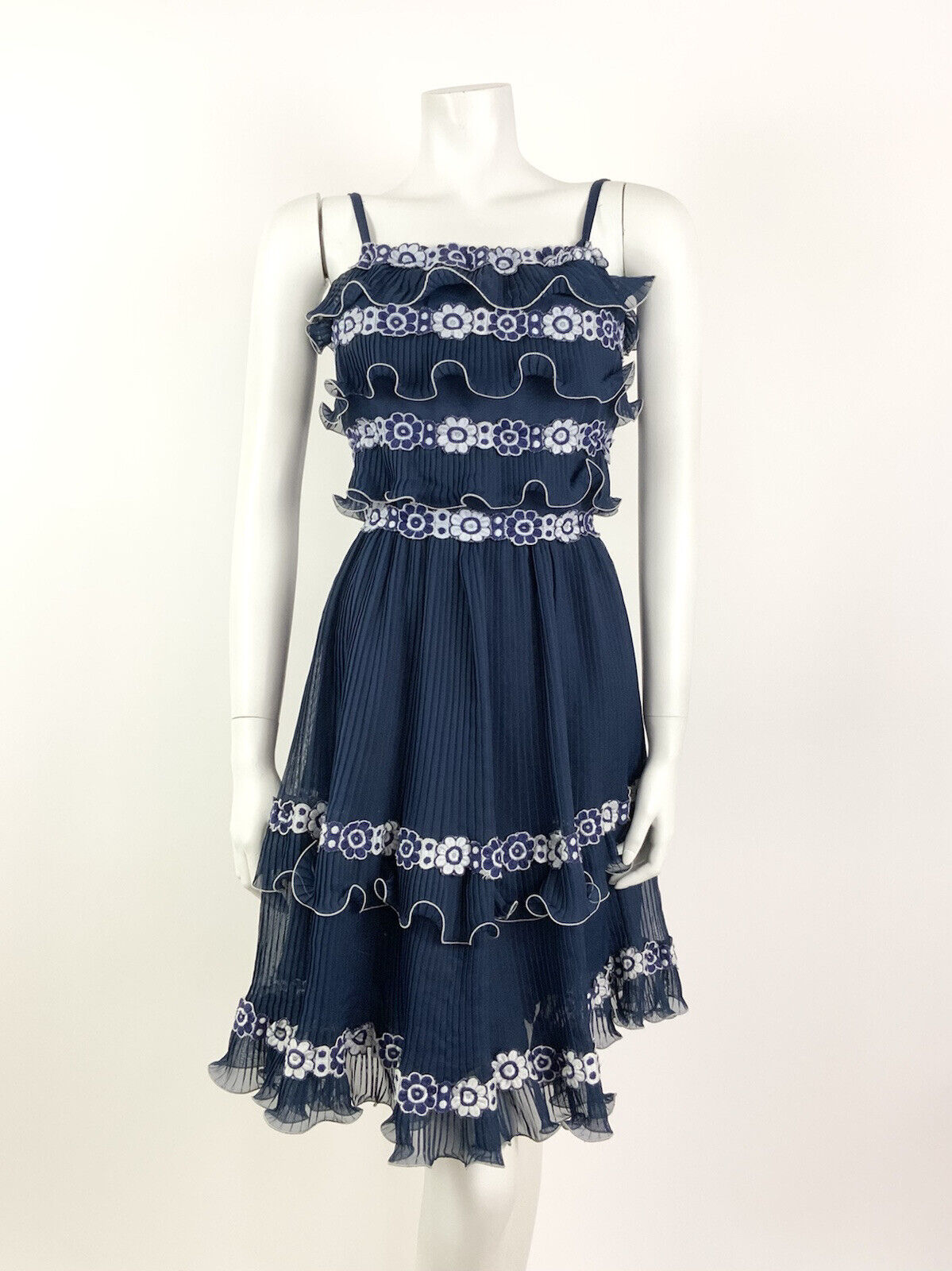 VINTAGE 60s 70s NAVY BLUE WHITE FLORAL PLEATED STRAPPY SUMMER RUFFLE DRESS 4