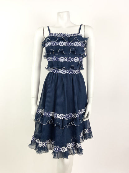 VINTAGE 60s 70s NAVY BLUE WHITE FLORAL PLEATED STRAPPY SUMMER RUFFLE DRESS 4