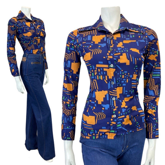 VINTAGE 60s 70s NAVY BLUE YELLOW GEOMETRIC MOD DAGGER COLLAR SHIRT 8