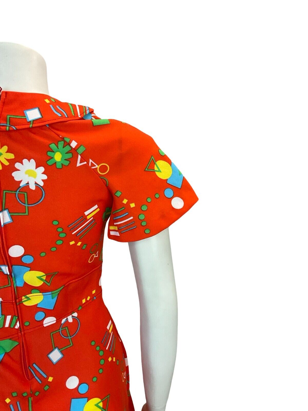 VTG 70S GEOMETRIC FLORAL DAISY MINI DRESS RED GREEN BLUE YELLOW 6 8