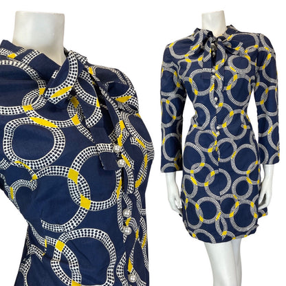 VINTAGE 60s 70s BLACK WHITE YELLOW CIRCLE GEOMETRIC MOD BOW SHORT DRESS 14 16