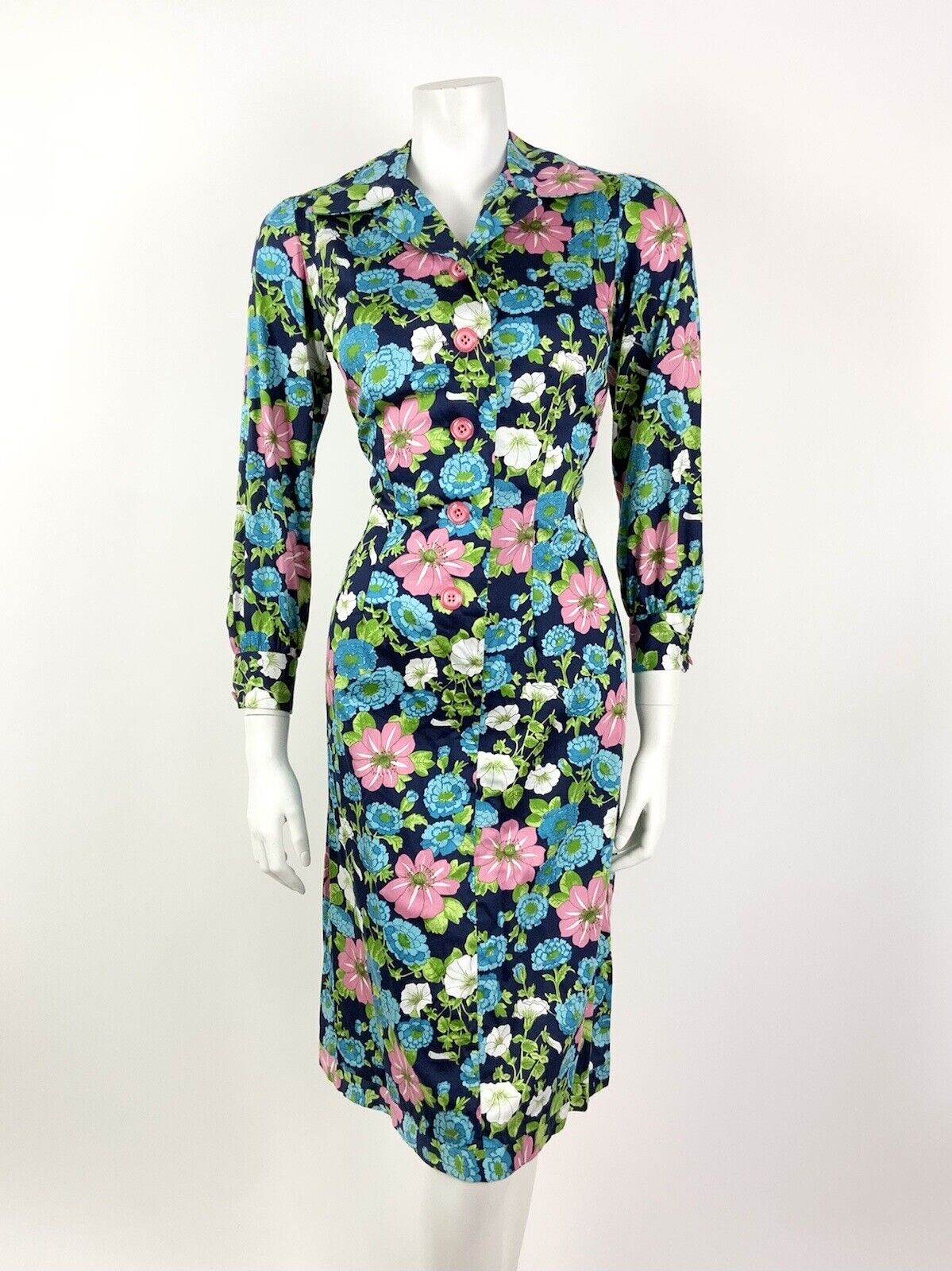 VINTAGE 60s 70s BLUE GREEN PINK WHITE FLORAL DAGGER COLLAR SHIRT DRESS 10 12