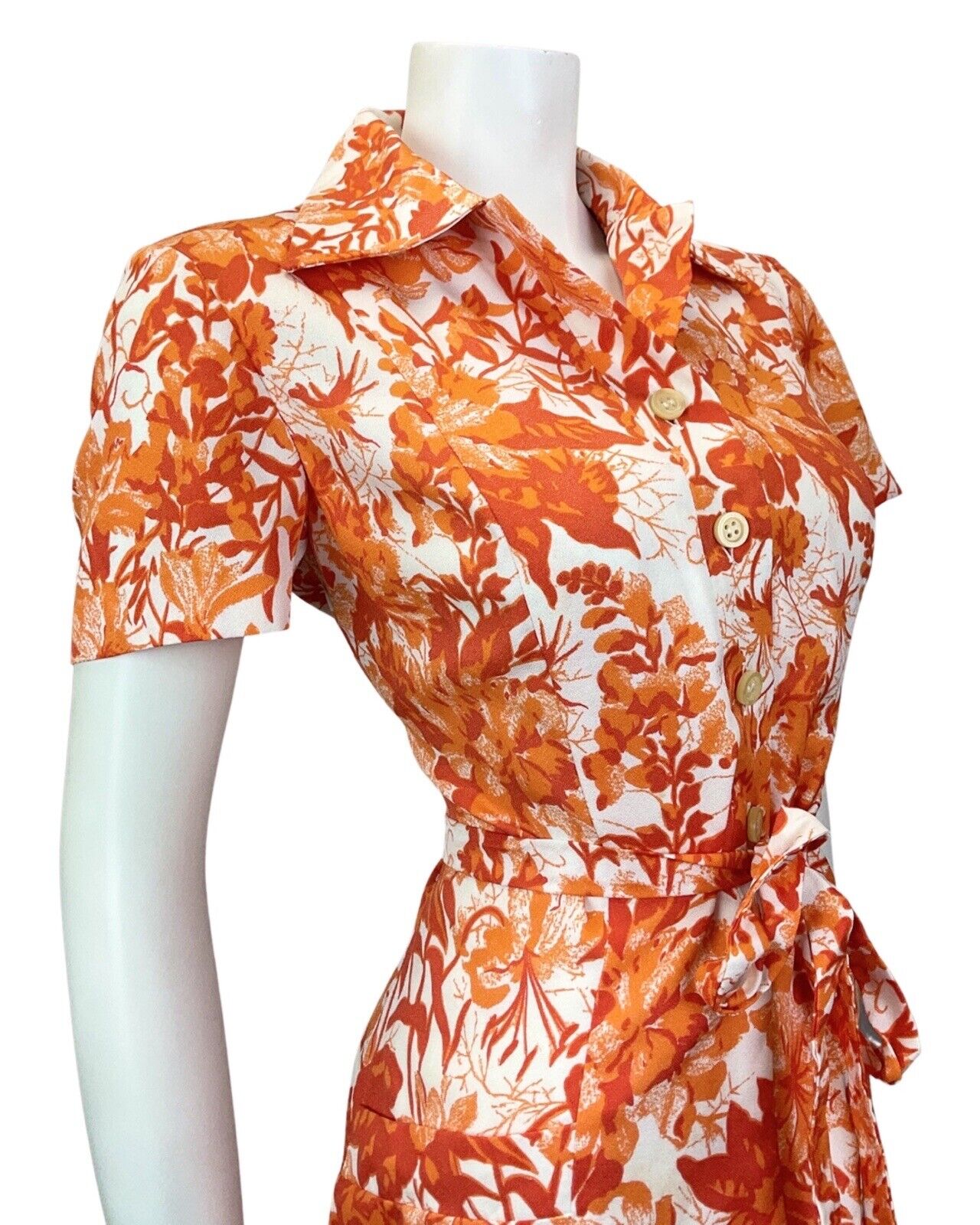 VINTAGE 60s 70s ORANGE RED WHITE FLORAL PSYCHEDELIC BELTED SHIRT DRESS 12 14