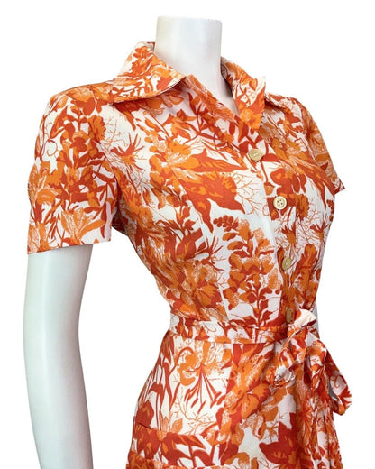 VINTAGE 60s 70s ORANGE RED WHITE FLORAL PSYCHEDELIC BELTED SHIRT DRESS 12 14