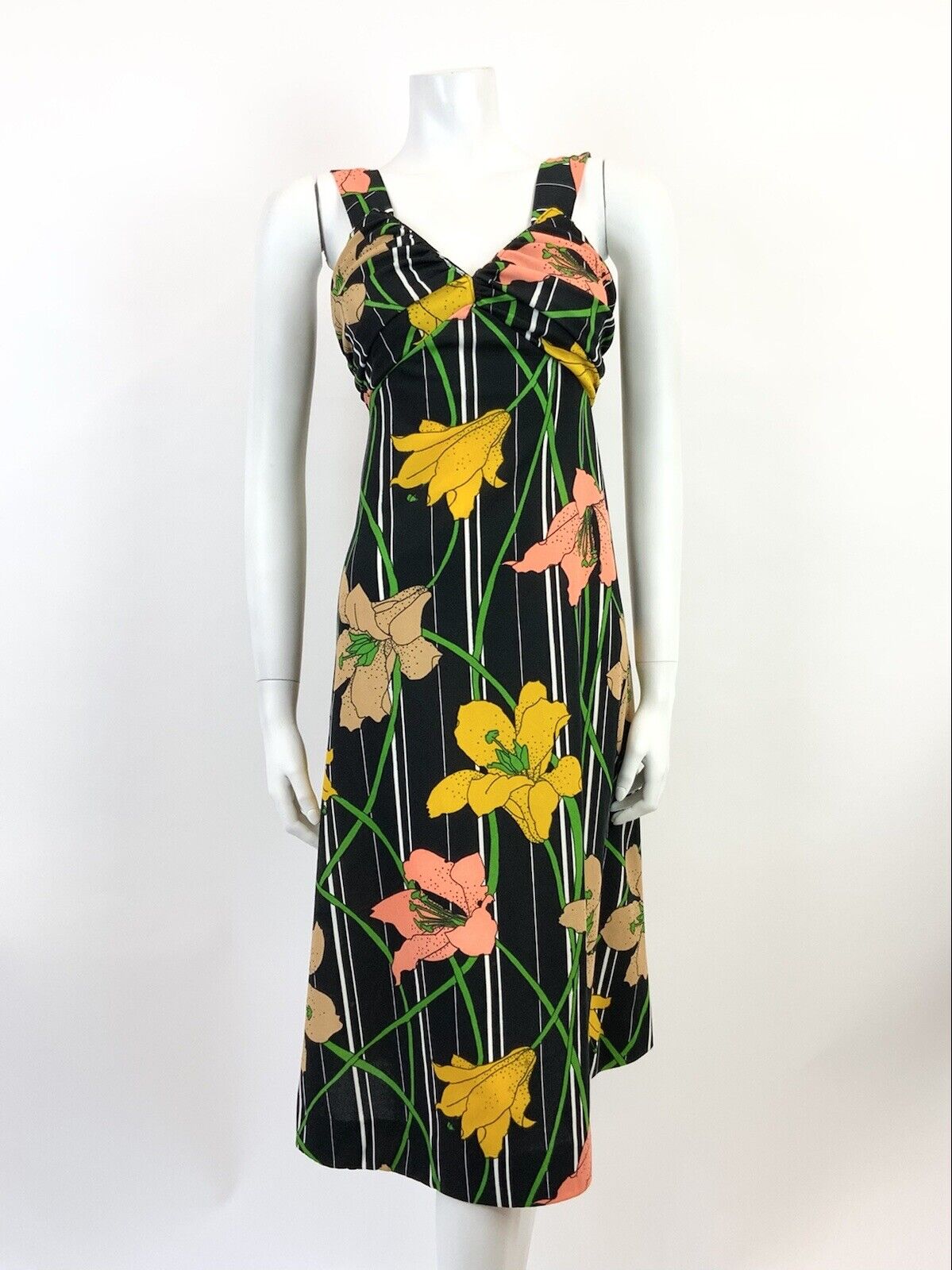 VTG 60s 70s BLACK WHITE YELLOW PEACH STRIPED FLORAL LILY SUMMER SUNDRESS 8 10