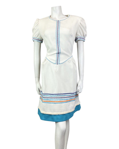 VTG 60s 70s WHITE BLUE ORANGE RIC-RAC EMBROIDERED MOD PUFF SLEEVE DRESS 12 14