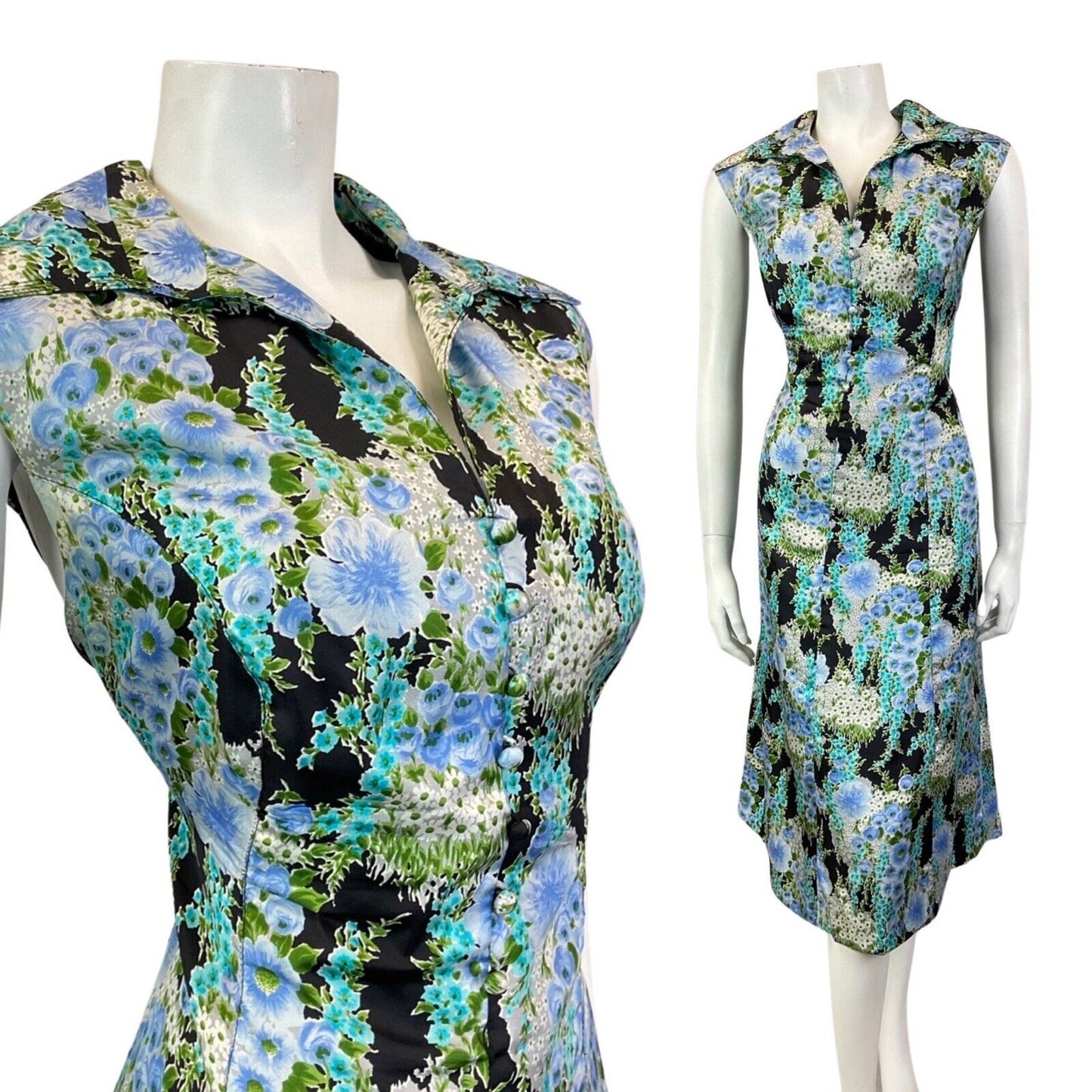 VINTAGE 60s 70s BLUE GREEN BLACK FLORAL WING COLLAR SLEEVELESS DRESS 16 18