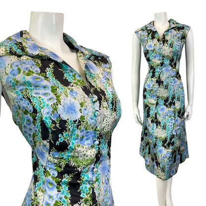 VINTAGE 60s 70s BLUE GREEN BLACK FLORAL WING COLLAR SLEEVELESS DRESS 16 18
