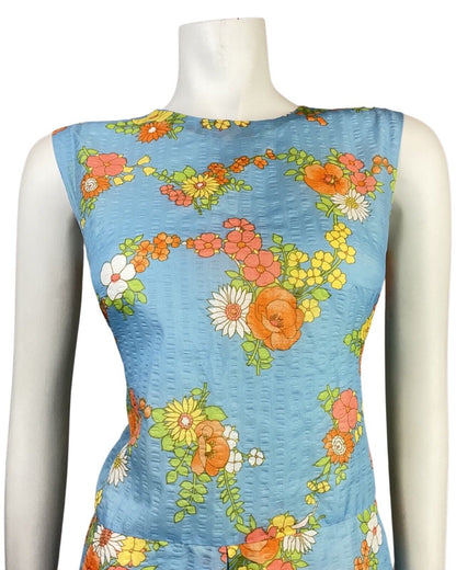 VINTAGE 60s 70s BLUE ORANGE WHITE FLOWER POPPY VINE LEAF SUMMER DRESS 8 10