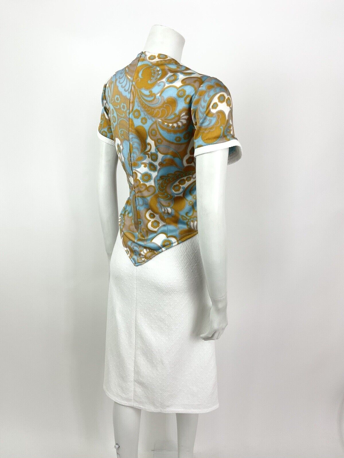 VINTAGE 60s 70s WHITE BLUE GOLD FLORAL PAISLEY PSYCHEDELIC DRESS 14 16