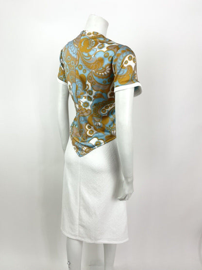 VINTAGE 60s 70s WHITE BLUE GOLD FLORAL PAISLEY PSYCHEDELIC DRESS 14 16