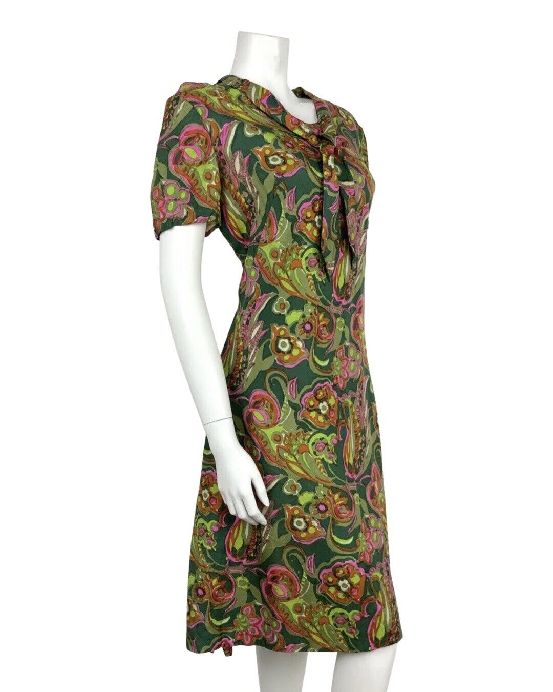 VTG 60s 70s LIME GREEN PINK ORANGE SHAWL PSYCHEDELIC FLORAL SHIFT DRESS 12 14