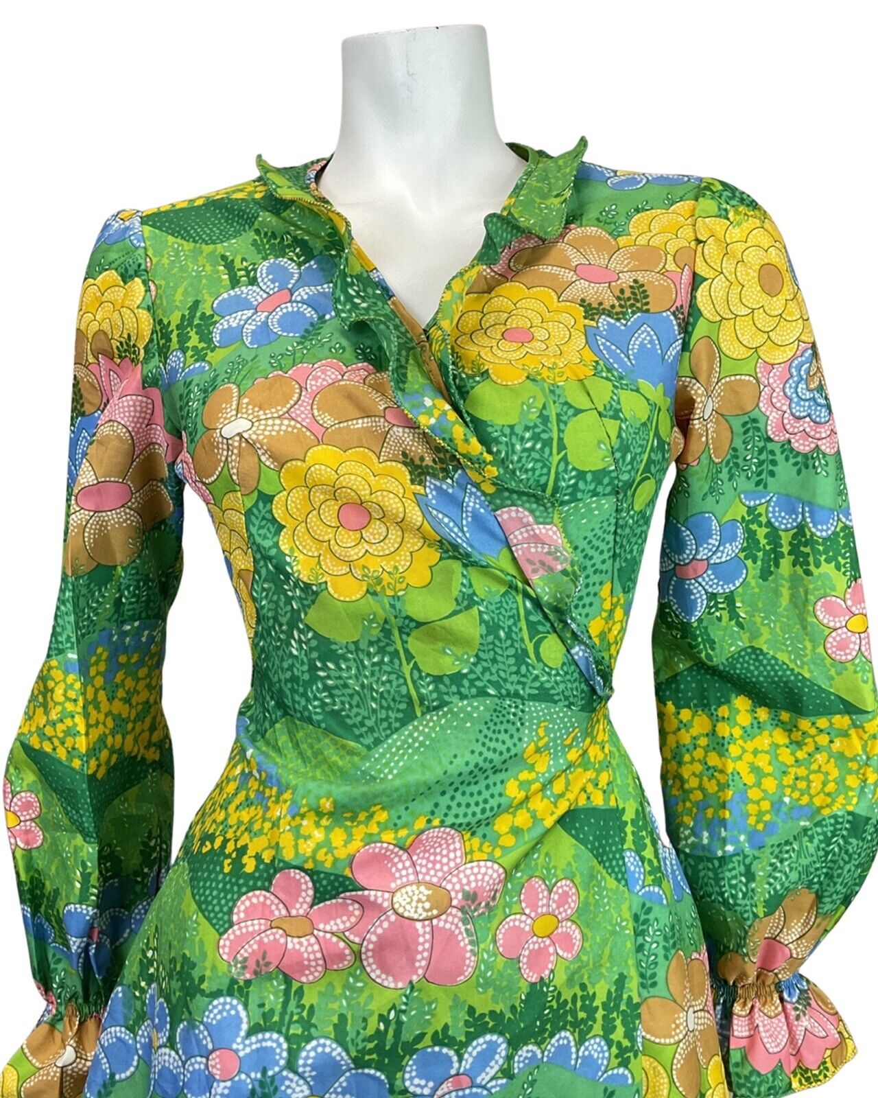 VINTAGE 60s 70s GREEN BLUE YELLOW PSYCHEDELIC FLORAL GARDEN RUFFLE WRAP DRESS 10