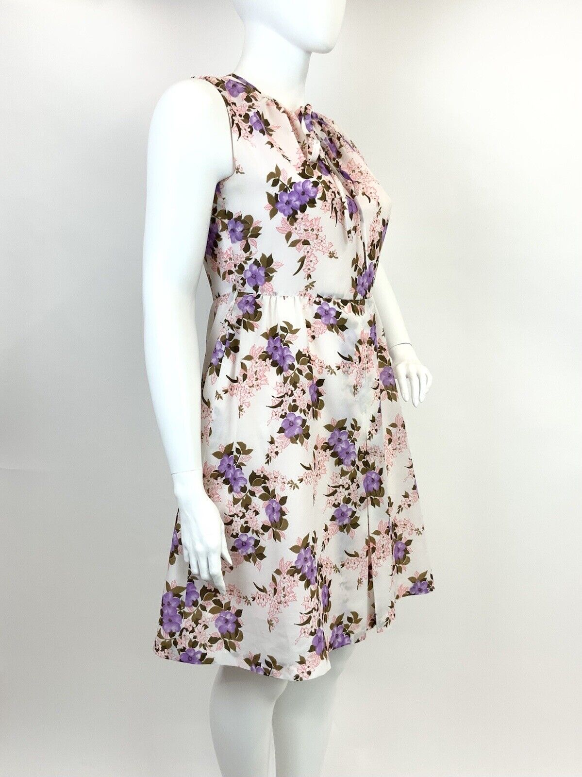 VINTAGE 60s 70s WHITE PURPLE PINK BROWN FLORAL FLOATY SLEEVELESS DRESS 16 18