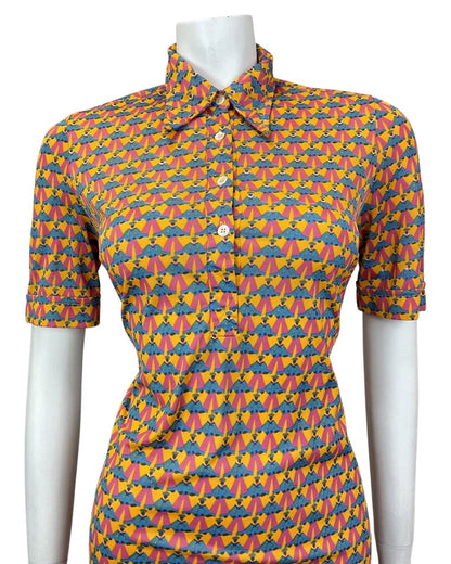 VINTAGE 60s 70s YELLOW BLUE PINK SAILOR FIGURINE PSYCHEDELIC MOD SHIRT DRESS 10