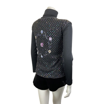 VINTAGE 70s 80s BLACK PURPLE FLORAL SEQUIN BEADED DISCO GLAM WAISTCOAT TOP 12 14