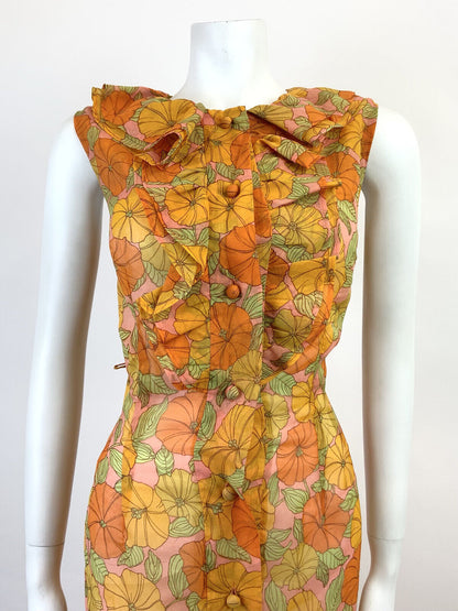 VINTAGE 60s 70s ORANGE PINK YELLOW GREEN FLORAL RUFFLE SHEER MOD DRESS 10 12