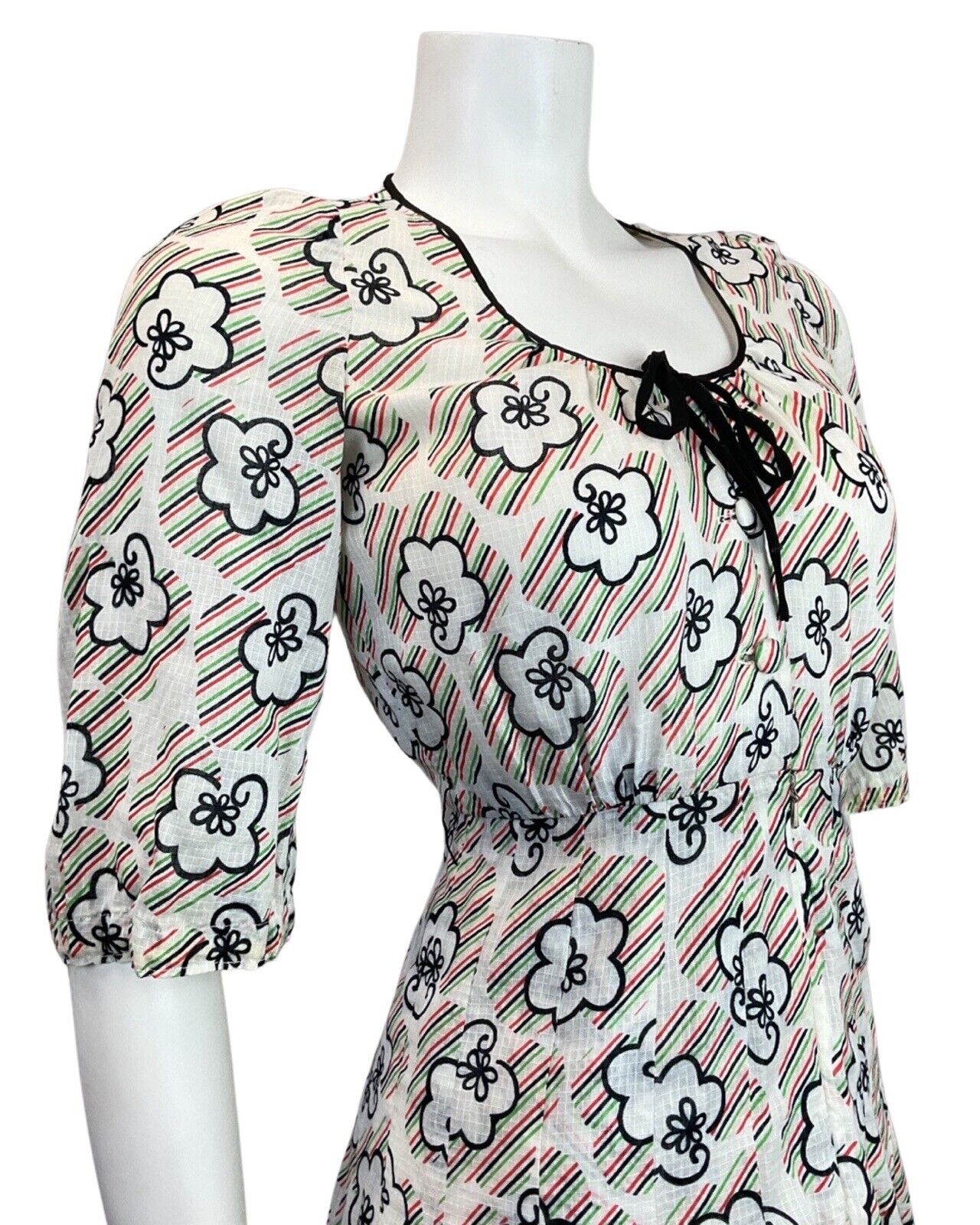 VINTAGE 60s 70s WHITE BLACK RED GREEN STRIPED FLORAL MOD SUMMER DRESS 6