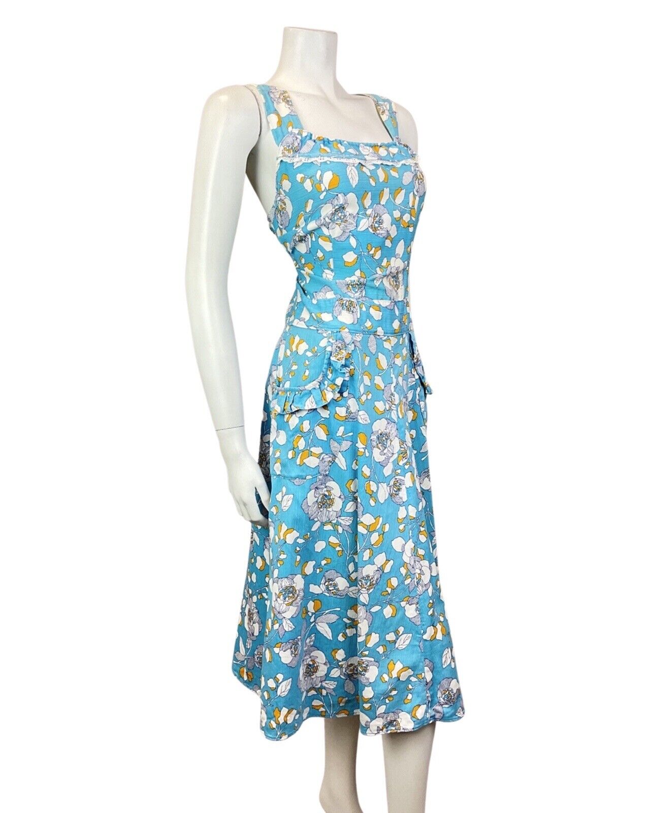 VINTAGE 60s 70s BLUE WHITE GOLD FLORAL LACE PINAFORE SUMMER DRESS 12 14